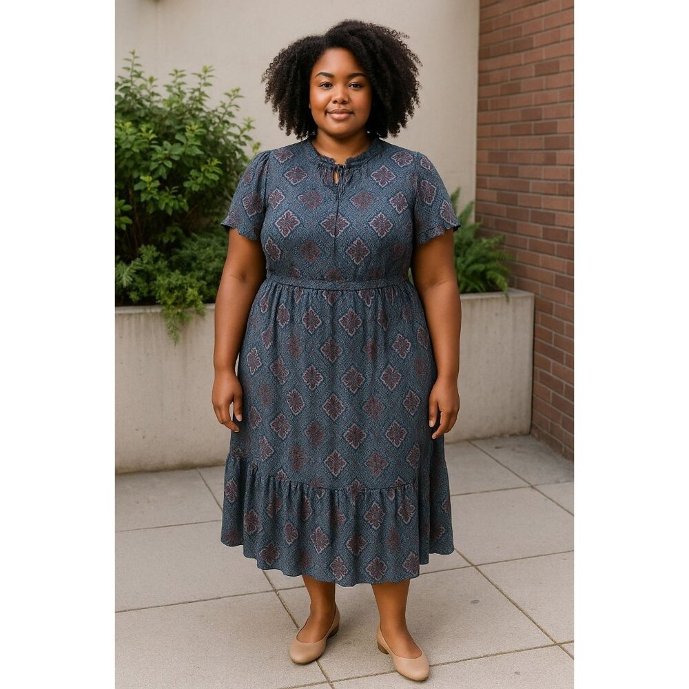 Nanette Lepore Blue & Purple Floral Patterned Short Sleeve Midi Dress Size 10